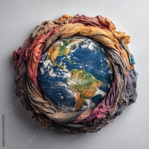 Environmental Awareness Concept with Earth Wrapped in Recycled Fabric on White Background