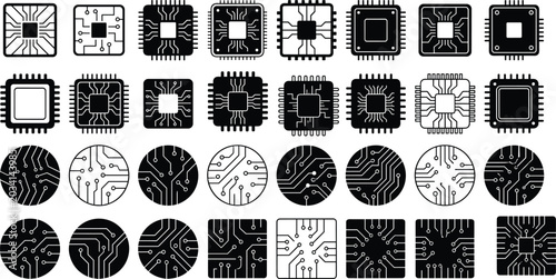 Cuadro en lienzo Collection of microchip processor and printed circuit board electronic icons for
