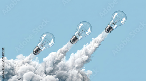 Three clear lightbulbs launching like rockets with heavy white smoke trails