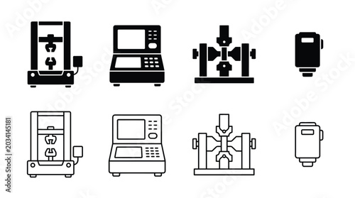 Foto Set of industrial testing equipment icons, including universal testing machine,