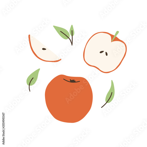 Red apples set flat vector illustration with leaves