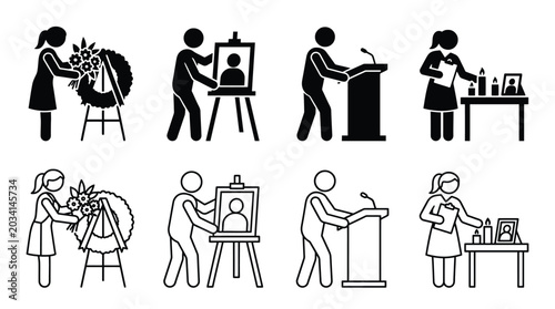Canvastavla Funeral service icons set, people mourning and paying tribute to the deceased, m