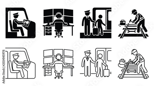 Obraz na plátne Set of railway and train transport icons, including train driver, dispatcher, pa