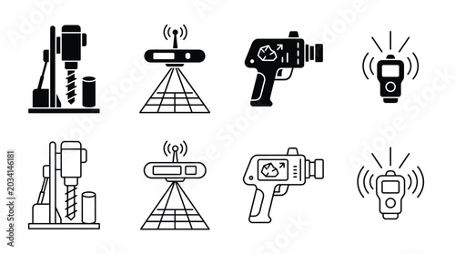 Obraz na plátně Set of mining and geological survey equipment icons, including drilling rig, gro