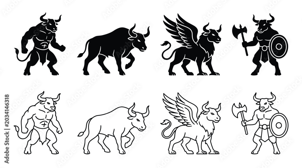 Naklejka premium Set of minotaur and bull icons, mythological creature, warrior with axe and shield, winged bull