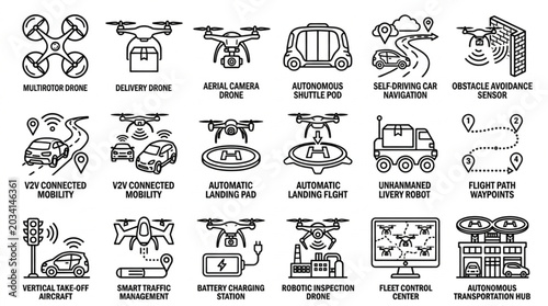 Collection of futuristic technology and transportation icons.