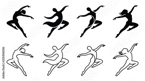 Bild auf Leinwand Set of silhouettes of a dancing woman, graceful ballerina in various poses, vect