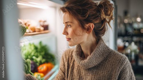 Woman looking into an open refrigerator at night. Hungry girl deciding what to eat from fridge. Concept of healthy eating, fresh food, diet choice and lifestyle at home kitchen interior.