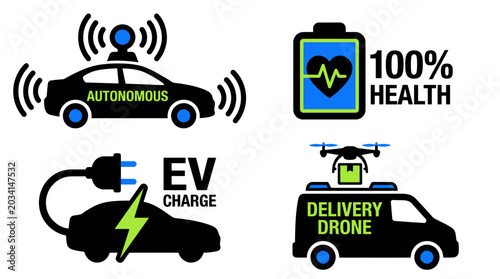 Foto Electric vehicle and autonomous delivery drone technology icons.