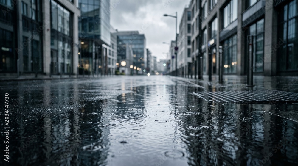 Fototapeta premium Rainy City Street at Noon with Bokeh Reflections