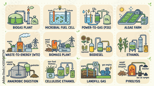 Quadro su tela Icons for sustainable energy production and biofuel technology types