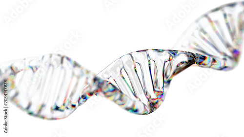Obraz na płótnie Transparent 3D DNA double helix molecule with glass material and iridescent rainbow refraction, PNG isolated object for biotechnology design