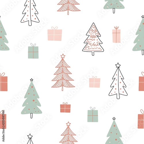Seamless pattern with hand drawn christmas trees and gift boxes on white background