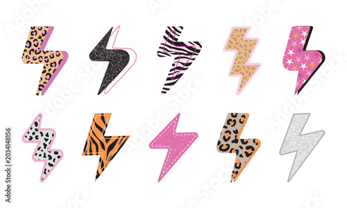 Set of trendy Y2K aesthetic lightning bolts with animal prints and grunge textures. Creative collection featuring leopard, cheetah, zebra and tiger patterns, pink glitter and sparks.