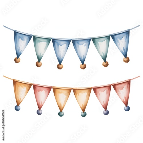 Two rows of hanging decorative bunting flags in blue and orange colors on white background