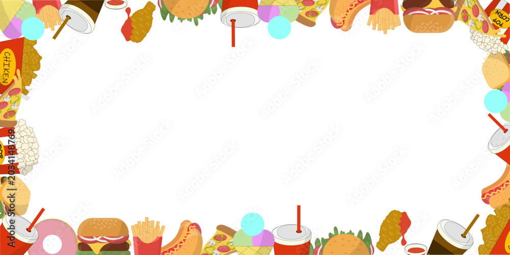 Fototapeta premium Fast Food Border Frame with Cartoon Snacks and Copy Space. Ideal for menus, flyers, restaurant posters, invitations, social media banners and food-themed templates.
