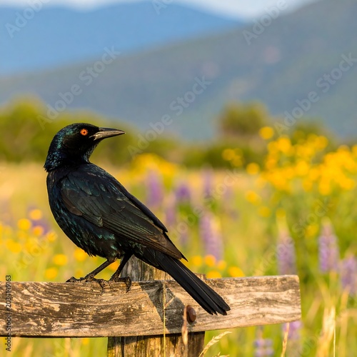 Iridescent Black Bird Perching on Weathered Wooden Fence in Colorful Wildflower Meadow