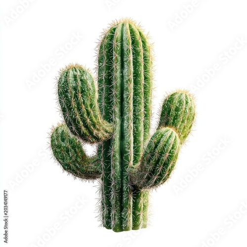 Upright green cactus with spiky arms on white