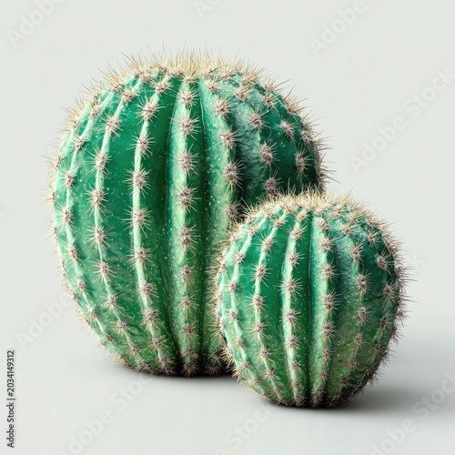 Two green, spiky barrel cacti on a light gray backdrop