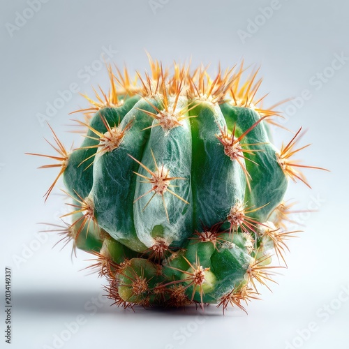 Close-up of a spherical green cactus with orange spines