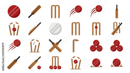 Cricket Equipment Sports Icons Set.