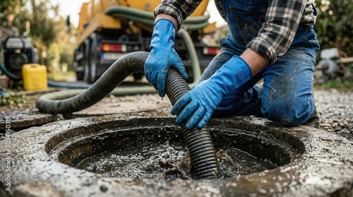 Professional worker using a hose and blue gloves to extract sewage from a septic tank opening.
