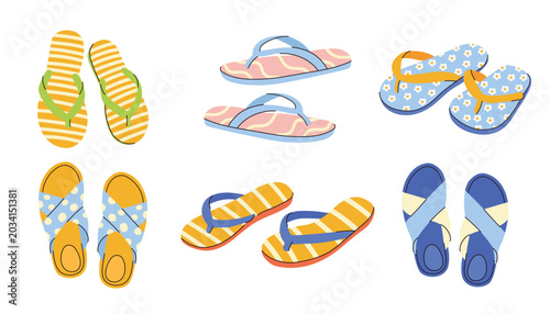 Fotografía Summer flip flops collection in flat doodle style vector illustration