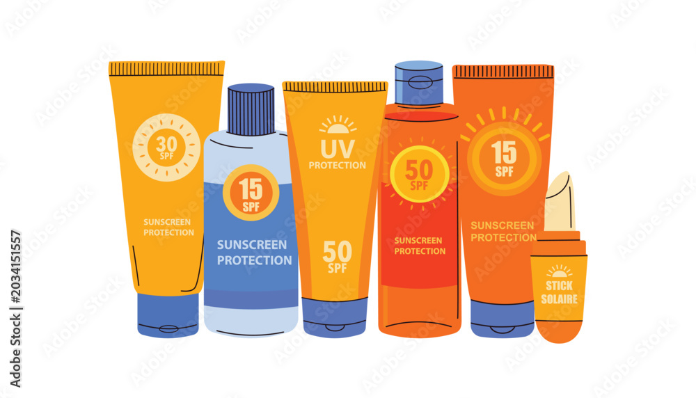Fototapeta premium Sunscreen protection products collection in flat doodle style vector illustration. SPF cream tubes, sunblock bottles and UV protection cosmetics isolated on light background. Summer skincare accessori