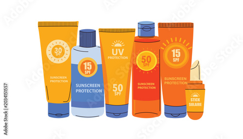 Sunscreen protection products collection in flat doodle style vector illustration. SPF cream tubes, sunblock bottles and UV protection cosmetics isolated on light background. Summer skincare accessori