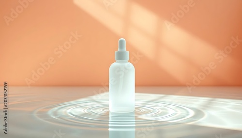 White Dropper Bottle in Rippling Water with Peach Background and Natural Light