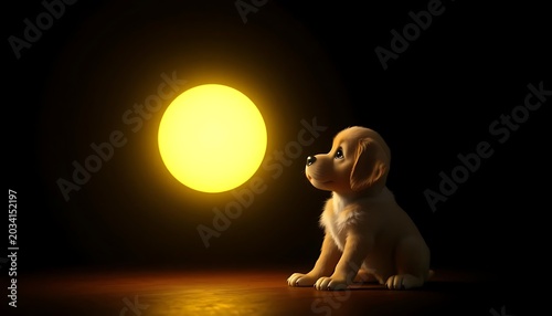 Curious Golden Retriever Puppy Gazing at a Glowing Orb