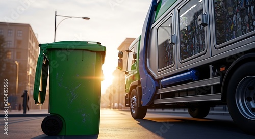 Green waste bin beside a garbage collection truck on a city street at sunset