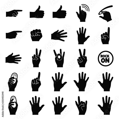 A collection of black silhouette hand gesture icons representing various signs and signals on a white background.