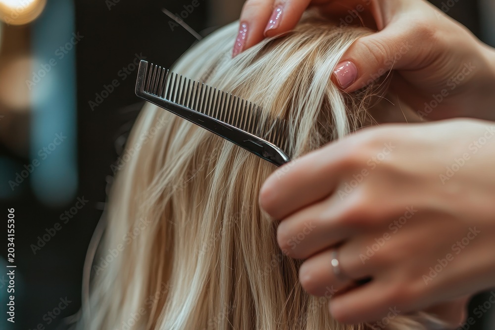 Naklejka premium Professional hairdresser combing and cutting blonde woman's long hair in salon.