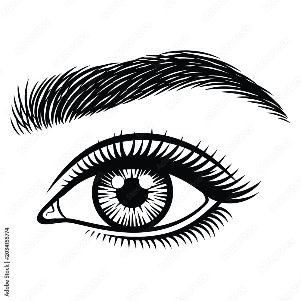 Obraz premium A black and white graphic illustration of a stylized human eye with a thick eyebrow.