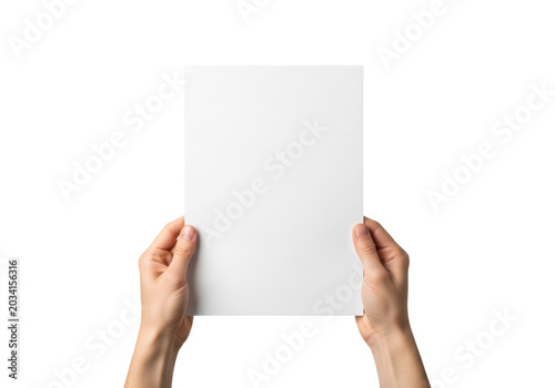 a pair of clean, smooth hands professionally presenting a pristine, blank white a4 sheet of paper against a high-key infinity background with copy space, minimalist mockup concept