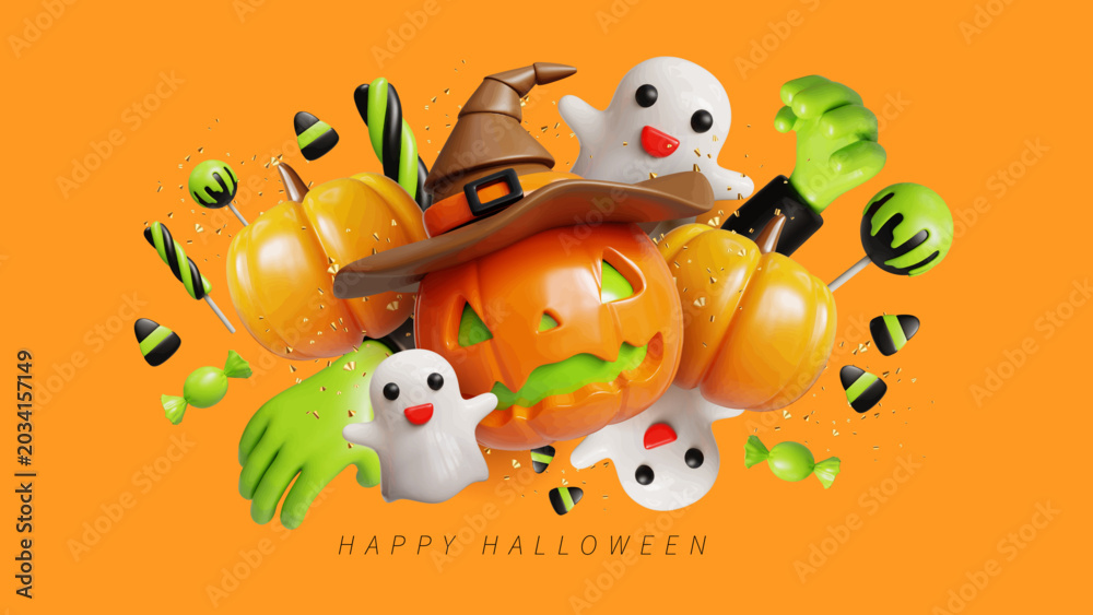 Naklejka premium Happy Halloween 3d vector illustration in 3d cartoon style. Funny scary toy characters. Minimal cute bright composition.