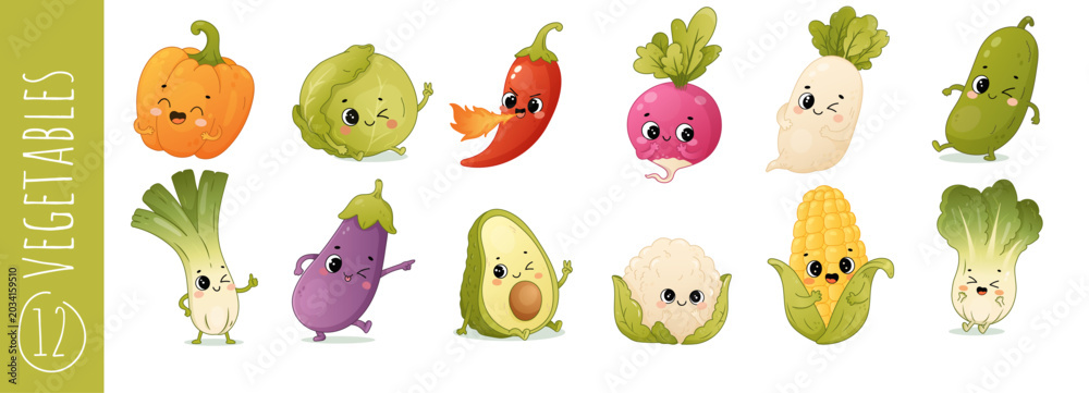 Naklejka premium Cute vegetable characters set with pumpkin cabbage chili radish cucumber and avocado