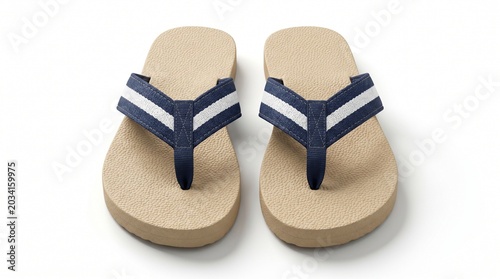 Comfortable and casual summer footwear a pair of beige flip-flops with distinctive blue and white striped straps, ready for sunny days and relaxing getaways on a white background