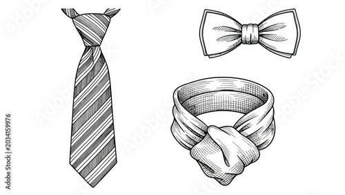 Cuadro en lienzo Set of black and white hand drawn accessories necktie bow tie and folded cravat for male formal wear illustrations isolated on white background vintage style
