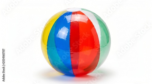 Vibrantly colorful inflatable beach ball, a classic symbol of summer enjoyment and playful leisure activities, presented on a clean white background