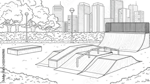 Bild auf Leinwand Urban skate park scene with concrete ramps rails and city skyline background line art drawing of public recreational area for extreme sports skateboarding