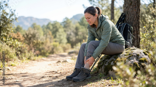 Woman resting on hiking trail with walking stick in nature for advertising social media banner website marketing and commercial editorial use