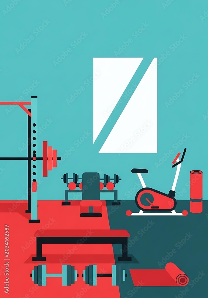 Fototapeta premium Home Gym Fitness Equipment Setup with Weights and Cardio Machines.