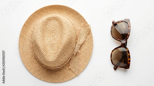 Elegant straw hat and fashionable sunglasses, perfectly styled on a clean white surface, evoking the essence of perfect summer holidays and warm weather escapades