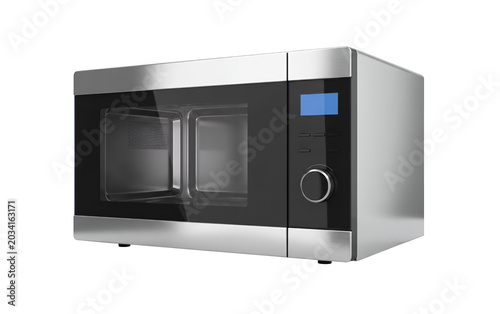 Modern stainless steel microwave oven, sleek silver kitchen appliance with digital display, professional electric microwave for home cooking isolated on Transparent Background