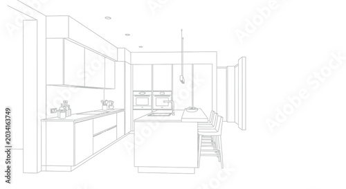 Modern kitchen interior line drawing minimalist style architectural visualization
