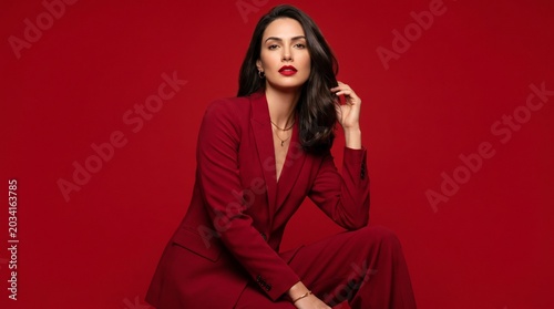 Charming woman in a fashionable red suit exuding confidence and style, posing against a vibrant red backdrop