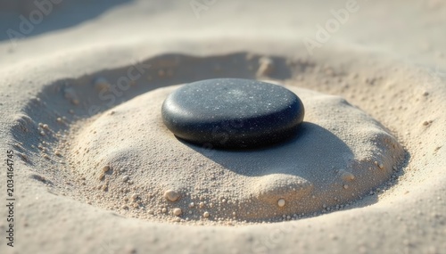 Dark grey stone sits on light sand, forming a circular zen pattern ,  japanese,  serenity,  meditation