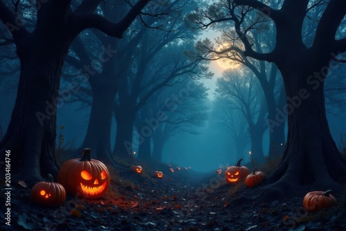 Dark, gnarled black trees, scattered pumpkins, eerie forest glow , pumpkins, branches, black trees